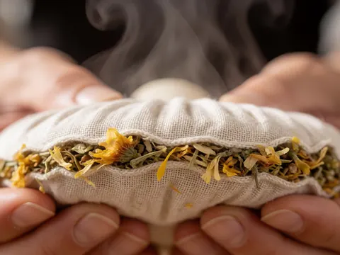 Close-up of a steaming herbal peltre held by hands with visible fabric texture for therapeutic massage