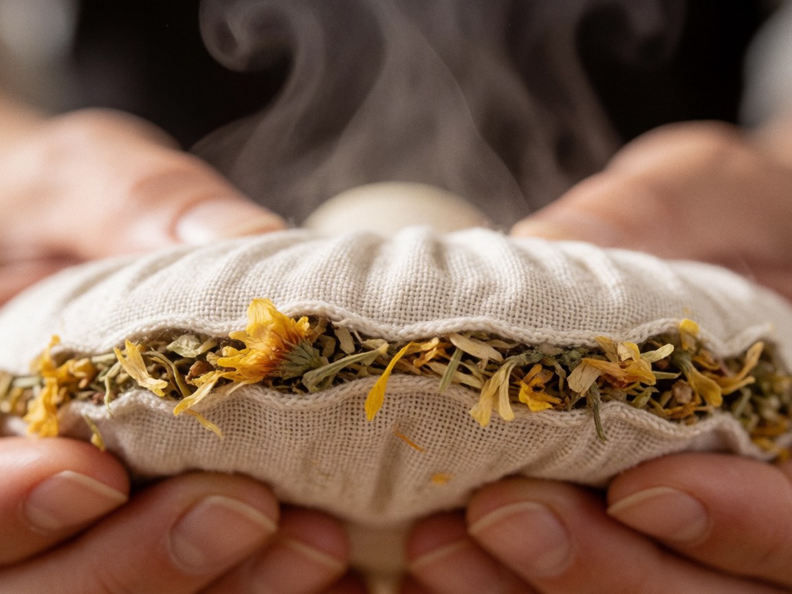 Close-up of a steaming herbal peltre held by hands with visible fabric texture for therapeutic massage