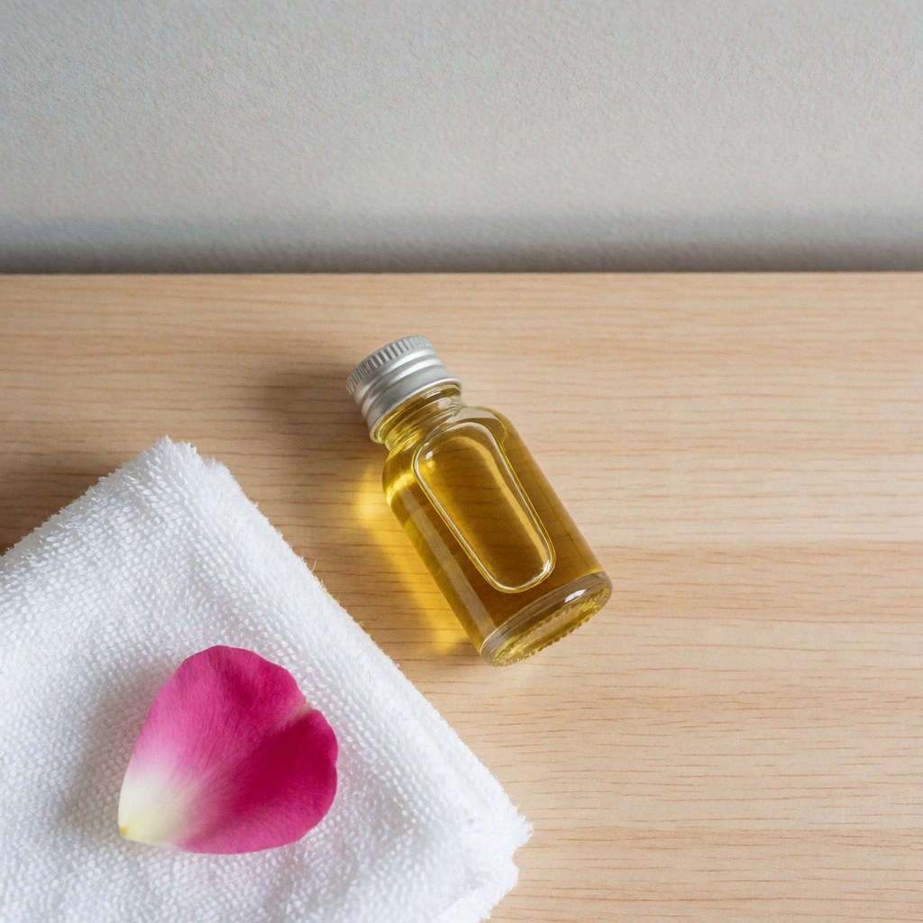 Rose facial oil bottle on light wood table beside white towel and rose petal, natural lighting for therapeutic massage and skin care