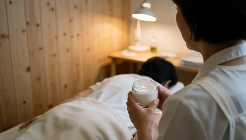 A professional therapist applying moisturizing cream to a client's back during a therapeutic massage session in a calm spa environment.
