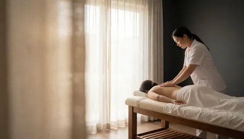 A quiet and calm spa treatment room featuring a professional massage table prepared with clean linens, illuminated by soft natural light for a relaxing atmosphere.