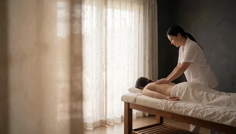 A quiet and calm spa treatment room featuring a professional massage table prepared with clean linens, illuminated by soft natural light for a relaxing atmosphere.
