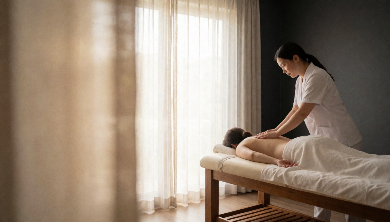 A quiet and calm spa treatment room featuring a professional massage table prepared with clean linens, illuminated by soft natural light for a relaxing atmosphere.