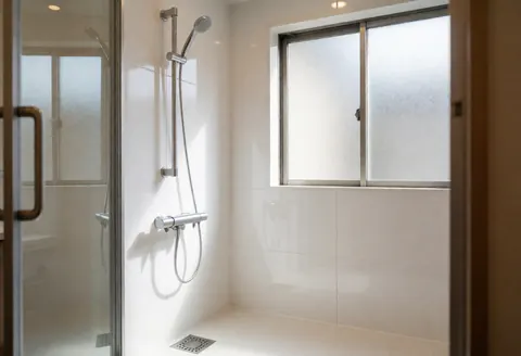Modern walk-in shower with stainless steel fixtures in a clean white spa bathroom with frosted glass window letting in natural light
