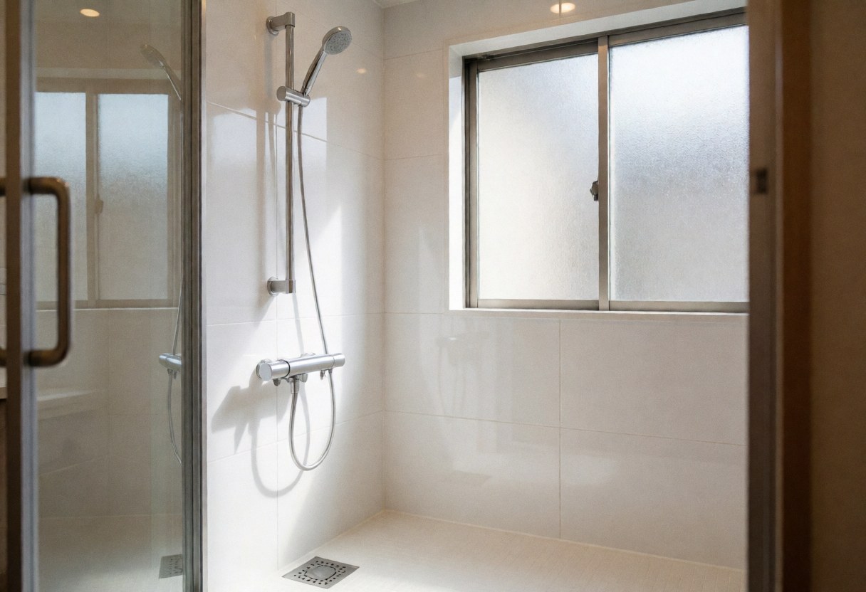 Modern walk-in shower with stainless steel fixtures in a clean white spa bathroom with frosted glass window letting in natural light
