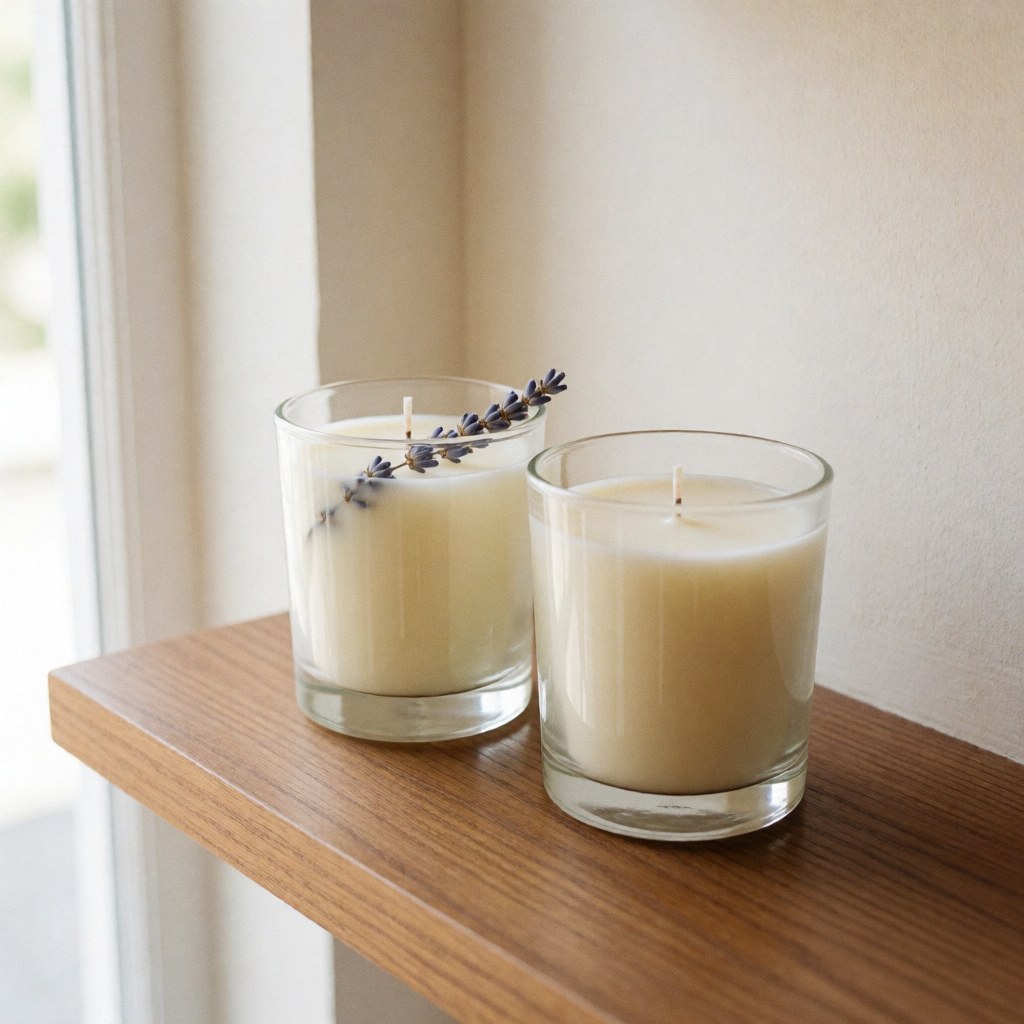 Two lavender candles in glass jars on a wooden shelf with natural window light, creating a relaxing therapeutic spa atmosphere.