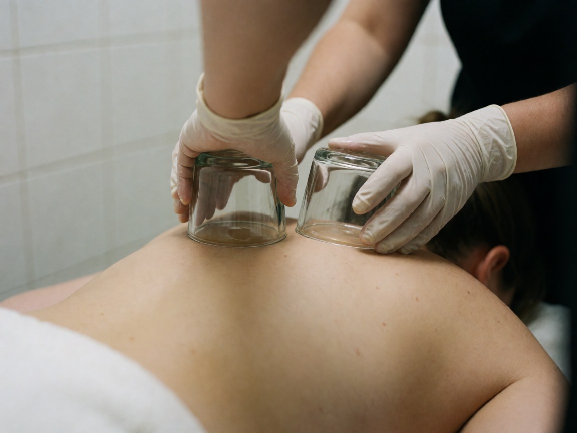 Close-up view of a therapist's gloved hands applying suction cups to a client's back during a therapeutic cupping session in a clean clinical setting.