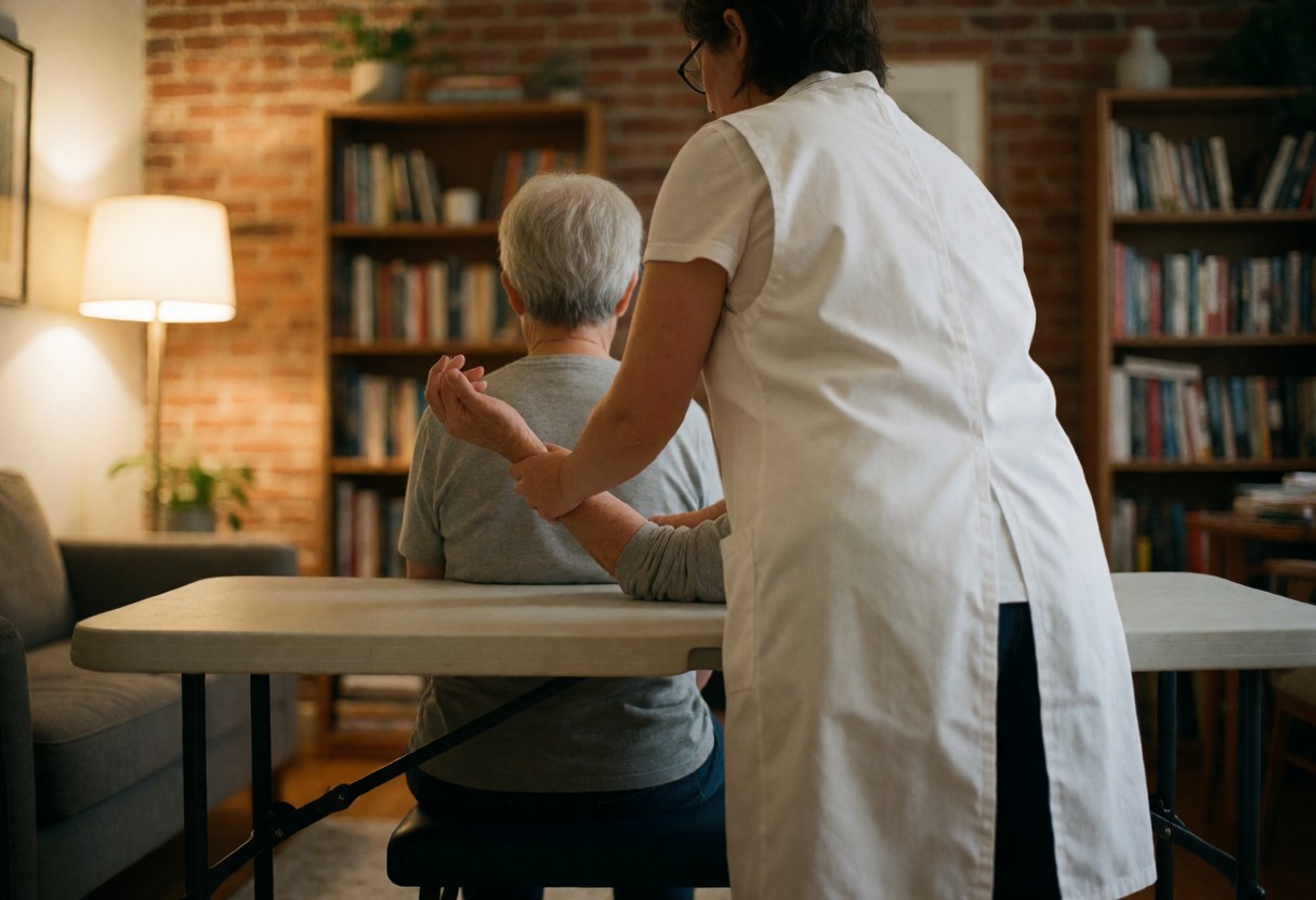 A therapist performing a therapeutic massage on a client using a portable bed in a home setting with warm lighting and a brick wall background.