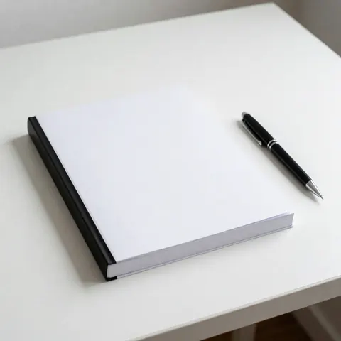 A white therapy notebook and black pen resting on a clean white desk surface, symbolizing professional psychological counseling and mental health tools.