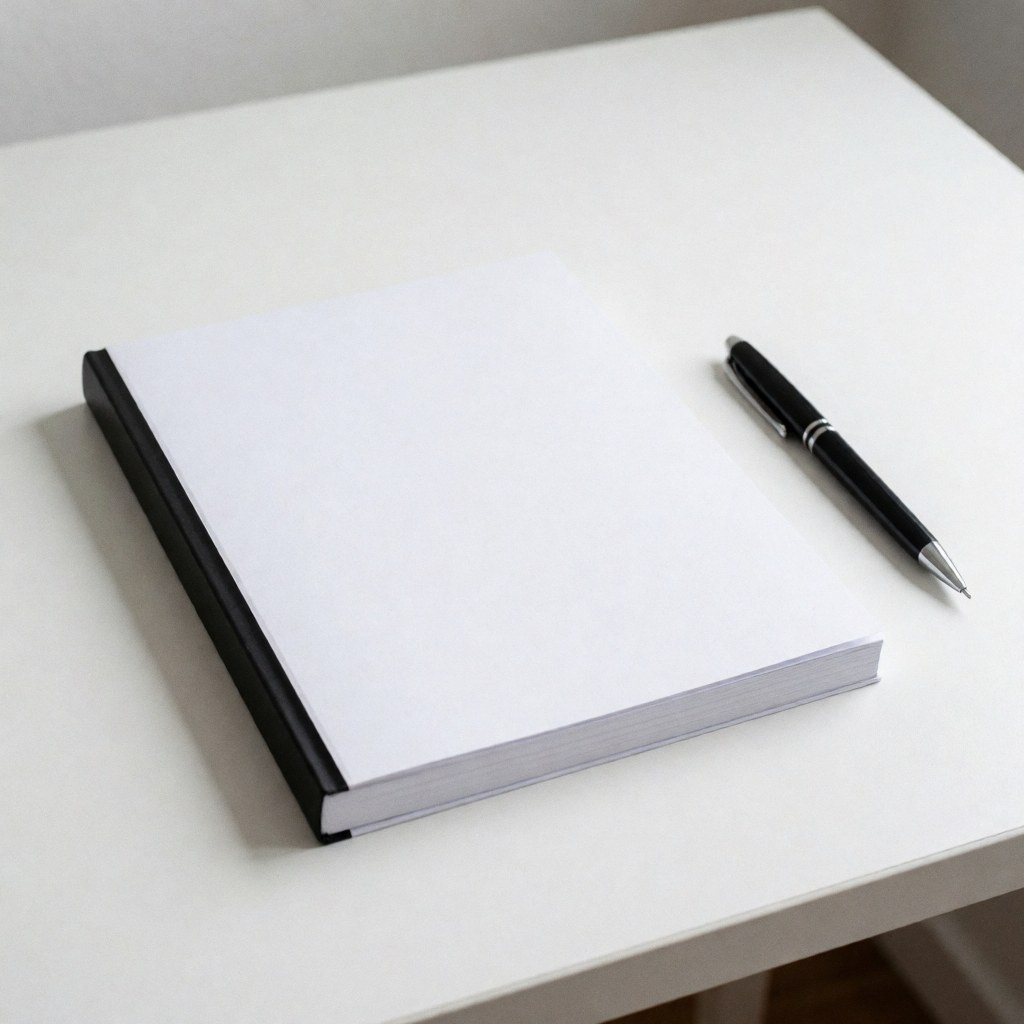 A white therapy notebook and black pen resting on a clean white desk surface, symbolizing professional psychological counseling and mental health tools.