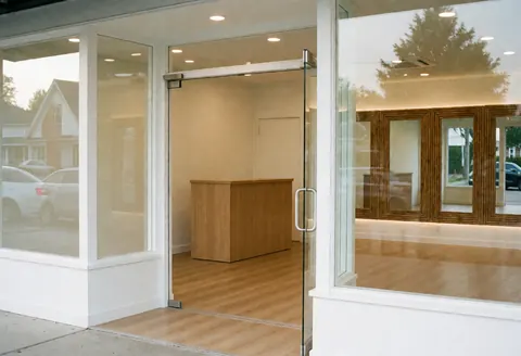 A welcoming storefront entrance featuring bamboo accents, large mirrors, and natural light for a yoga and pilates studio