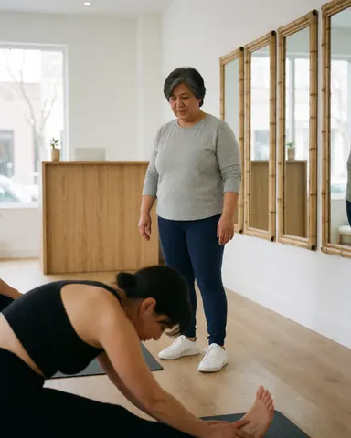 Happy and relaxed customers stretching in a bright yoga studio with mirrors and bamboo accents