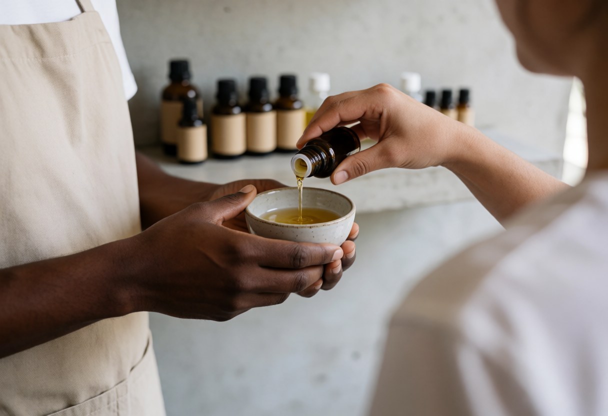 Close-up of hands preparing essential oils in a ceramic bowl for therapeutic massage service