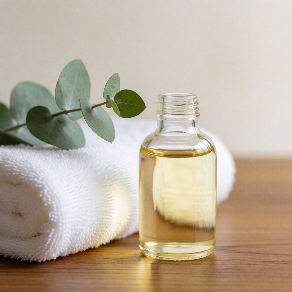 Clear massage oil bottle placed next to a white towel and fresh eucalyptus leaves on a wooden surface for therapeutic relaxation