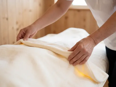 Close-up of therapist hands adjusting a warm, soft blanket on a wooden massage table with natural light creating a relaxing atmosphere