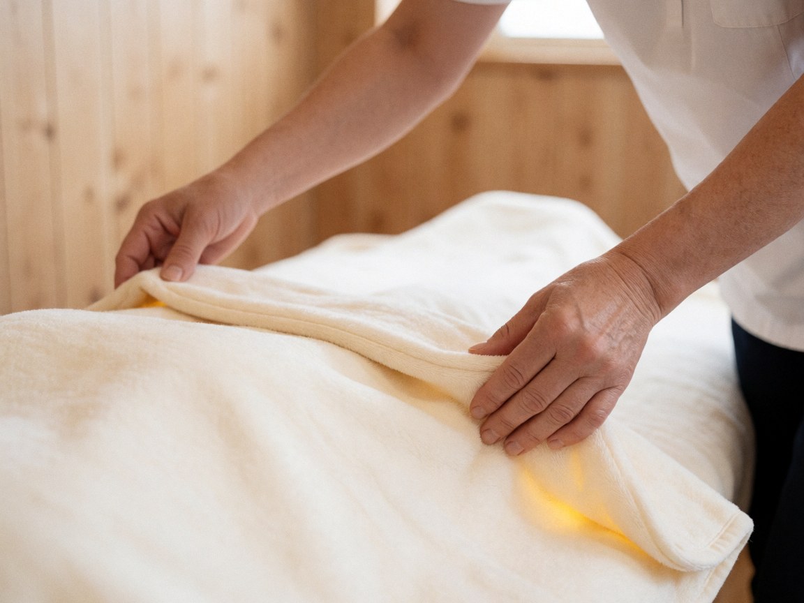 Close-up of therapist hands adjusting a warm, soft blanket on a wooden massage table with natural light creating a relaxing atmosphere