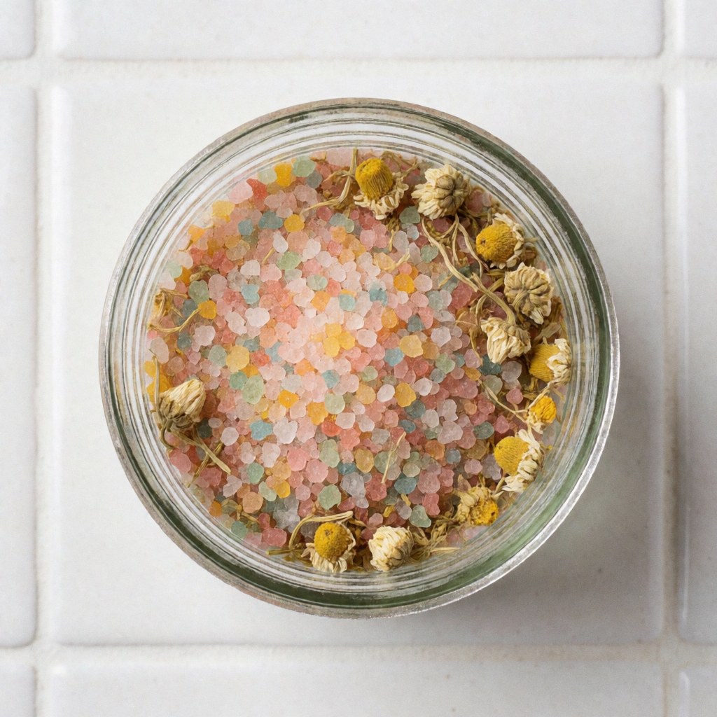 A glass jar filled with multicolored bath salts and dried chamomile flowers placed on white tiles, suitable for spa and therapeutic massage products.