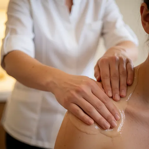 Close-up view of a therapist's hands gently applying massage oil to a client's shoulder during a relaxing spa treatment session