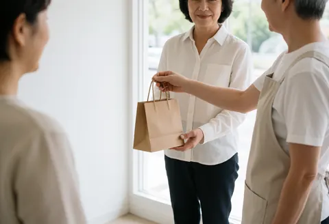 A therapist hands a paper bag to a client in a bright room. Both figures are blurred or facing away, conveying calm professionalism and attentive service.