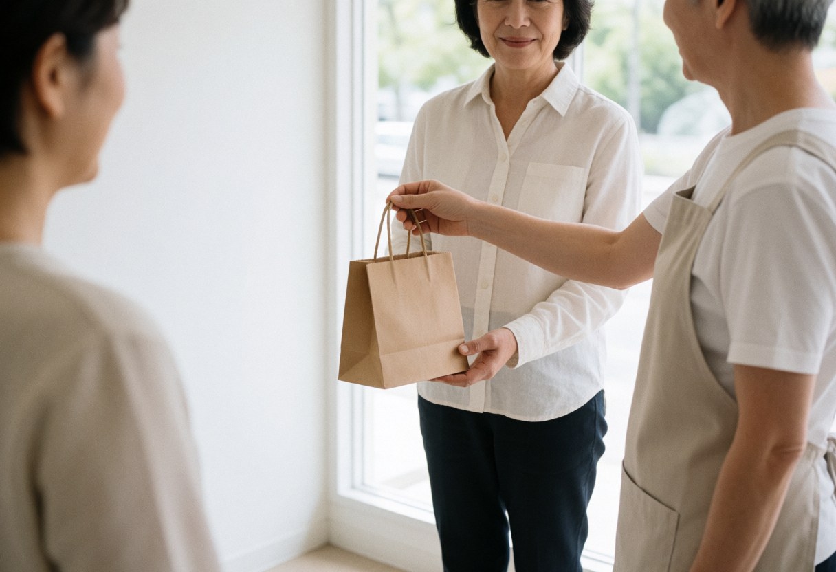 A therapist hands a paper bag to a client in a bright room. Both figures are blurred or facing away, conveying calm professionalism and attentive service.