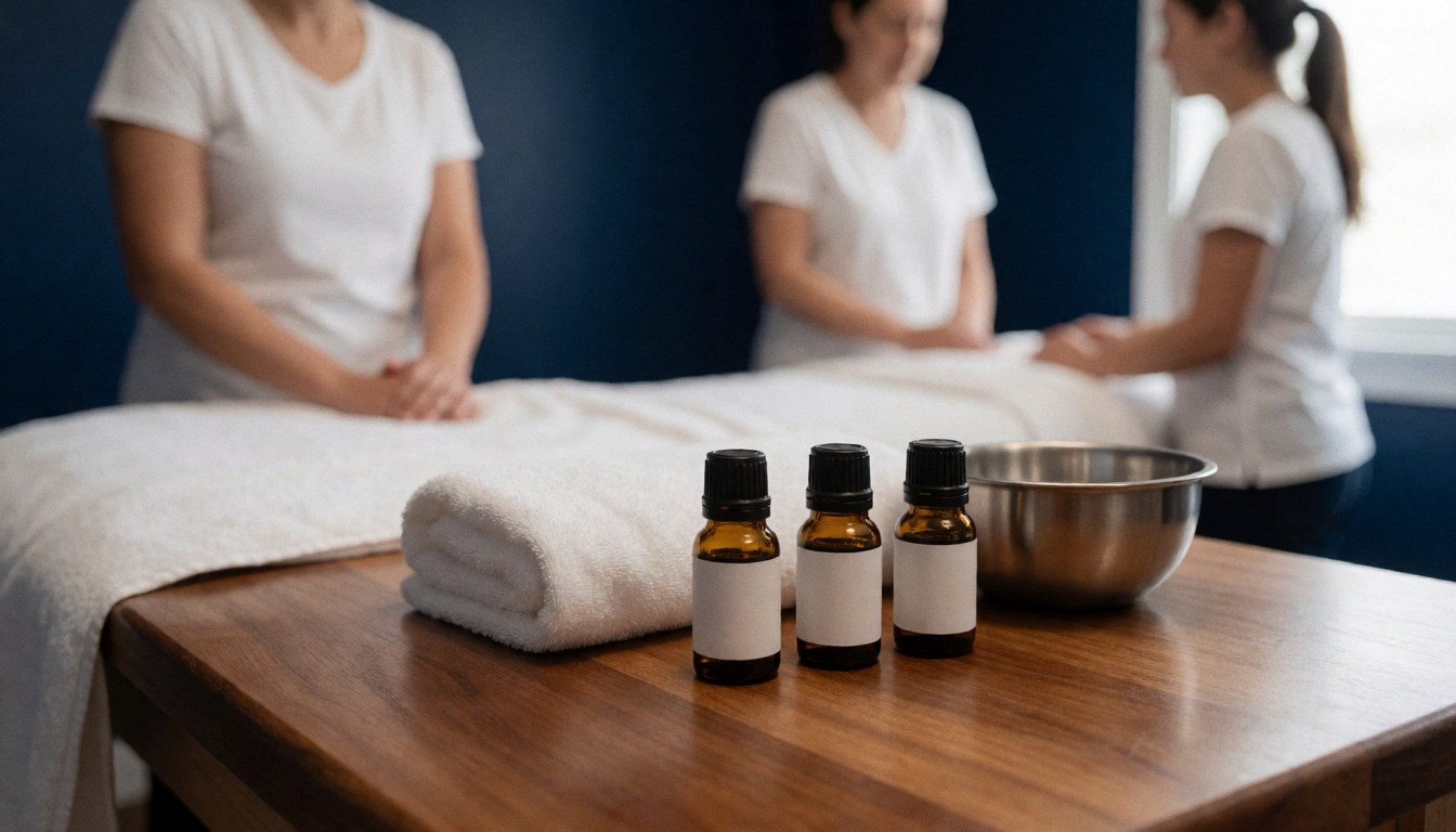 Small bottles of essential oils arranged on a wooden massage table with white towels, creating a calm spa atmosphere for therapeutic treatments