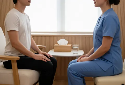A professional therapist in a blue uniform attends to a client receiving a therapeutic massage in a calm, well-lit clinic interior.