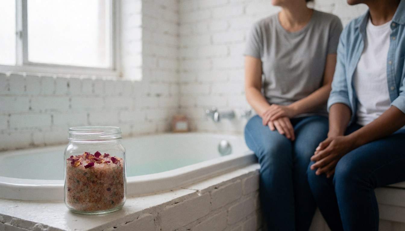 A close-up view of bath salts and dried roses placed inside a white bathtub against a white brick wall with soft lighting