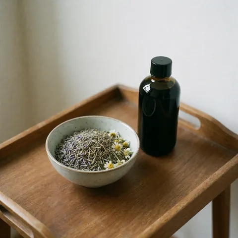 Dark glass bottle of massage oil and a bowl containing lavender and chamomile herbs arranged on a wooden tray for therapeutic massage and relaxation