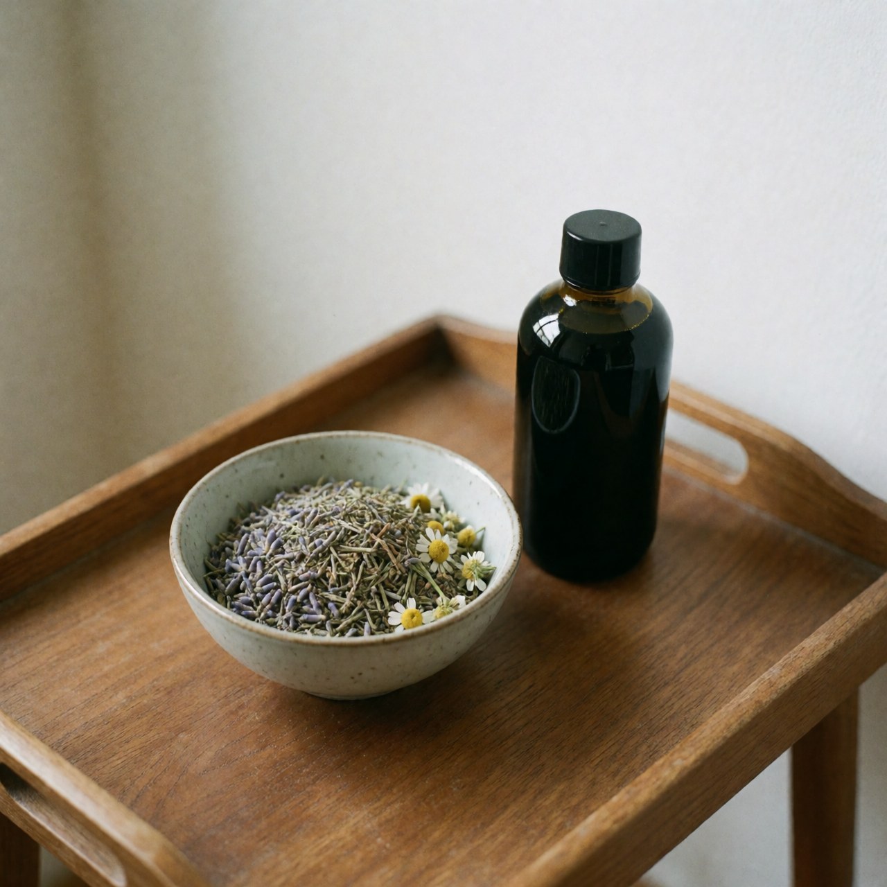 Dark glass bottle of massage oil and a bowl containing lavender and chamomile herbs arranged on a wooden tray for therapeutic massage and relaxation