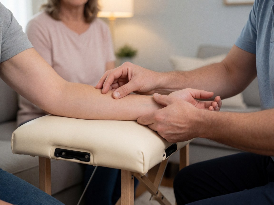 Therapist massaging a client's arm on a portable table in a home salon with warm lighting and a blurred background