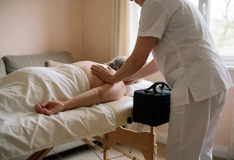 Professional therapist applying therapeutic massage on a portable table in a cozy room with natural light and white sheets