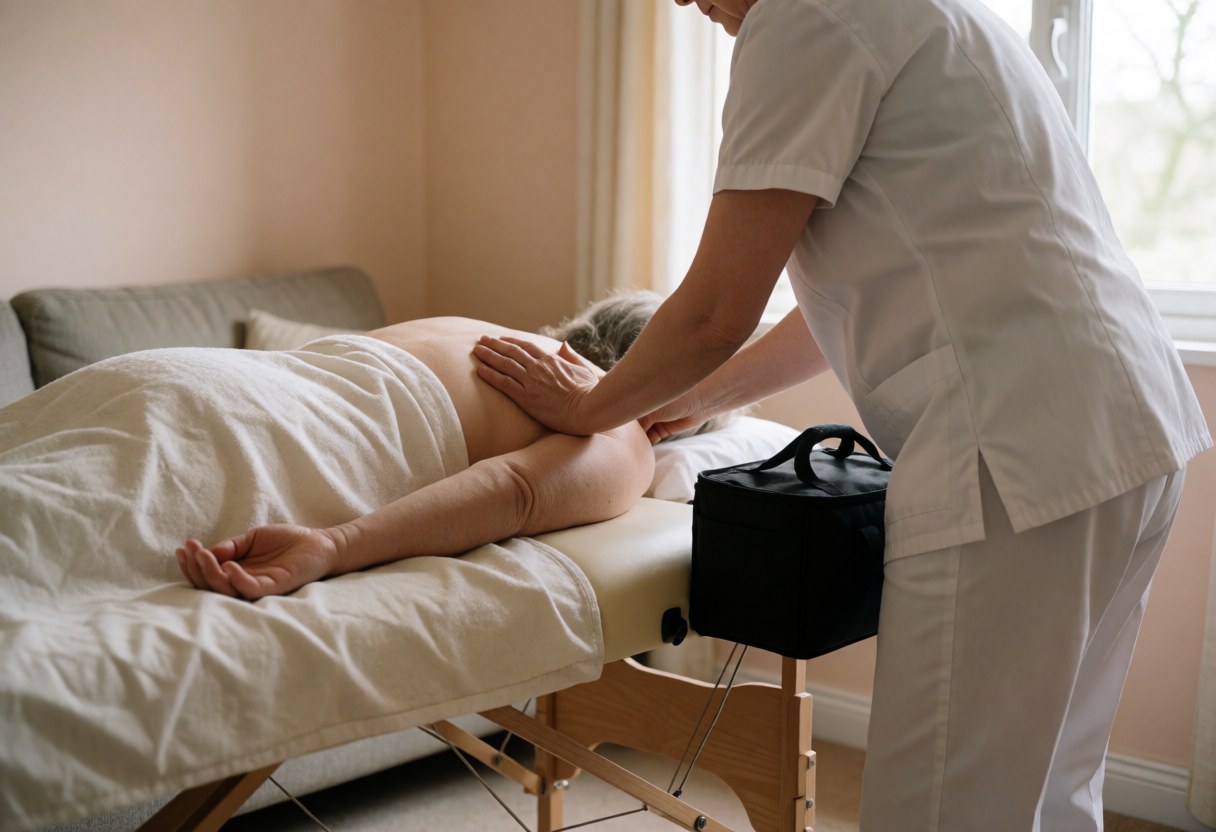 Professional therapist applying therapeutic massage on a portable table in a cozy room with natural light and white sheets