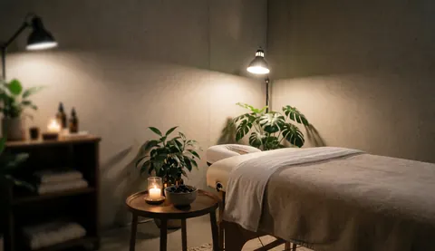 Clean therapeutic massage room featuring a treatment table, green plants, soft lighting, and folded towels for a relaxing wellness environment