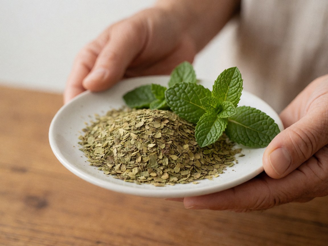 Hands holding a white bowl filled with fresh and dried therapeutic herbs for natural wellness and spa treatments