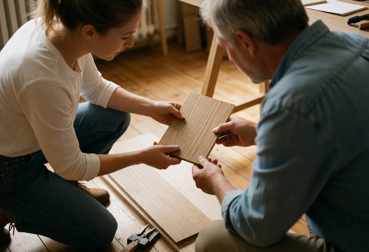A female carpenter kneels on a wooden floor, presenting wood boards to a client for review. Tools and lumber are scattered on the ground in a warm, professional setting.