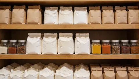 Wooden shelves holding flour bags and spice jars on a warm textured background suitable for bakery and pastry text overlays