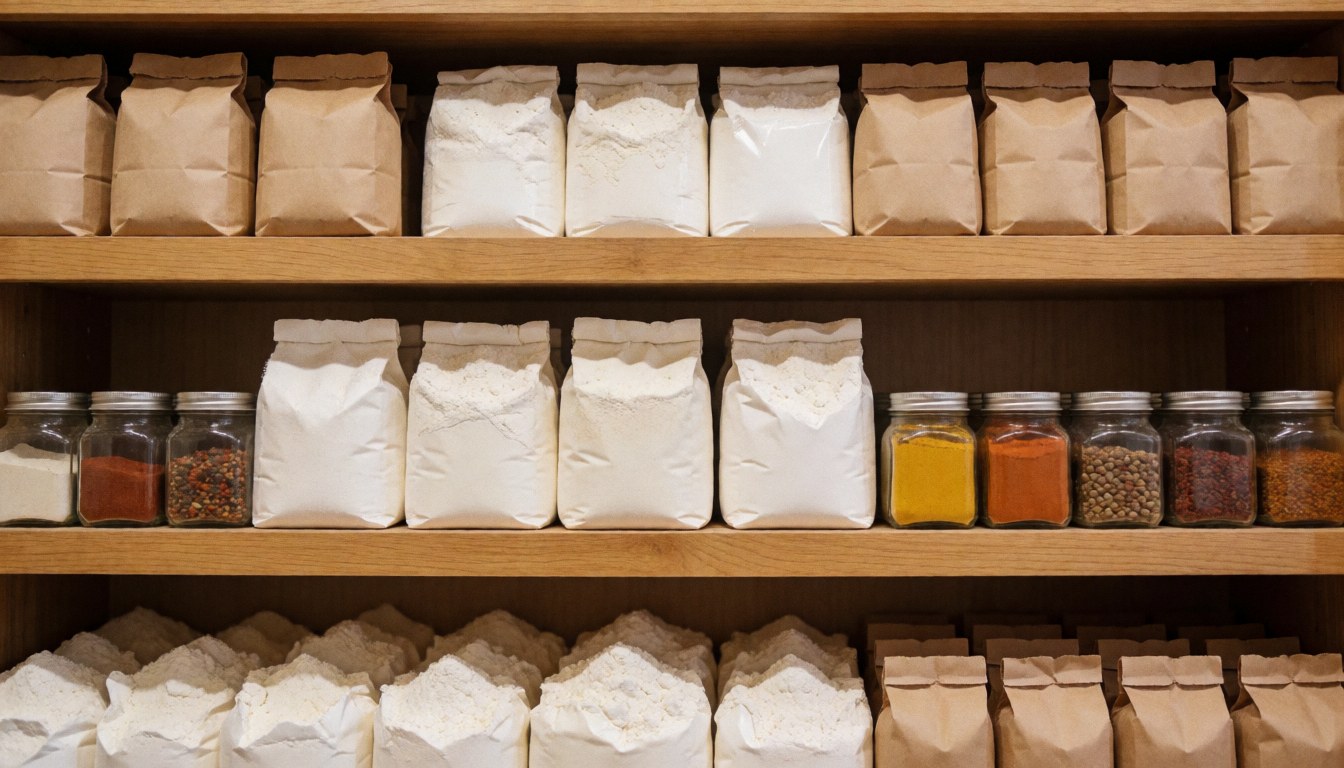 Wooden shelves holding flour bags and spice jars on a warm textured background suitable for bakery and pastry text overlays