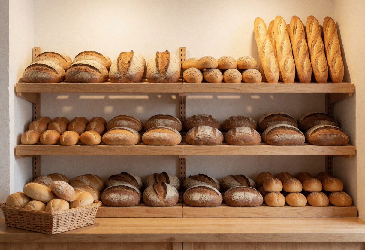 Wooden shelves displaying fresh baguettes and rolls in a bakery with warm lighting and a clean, inviting atmosphere