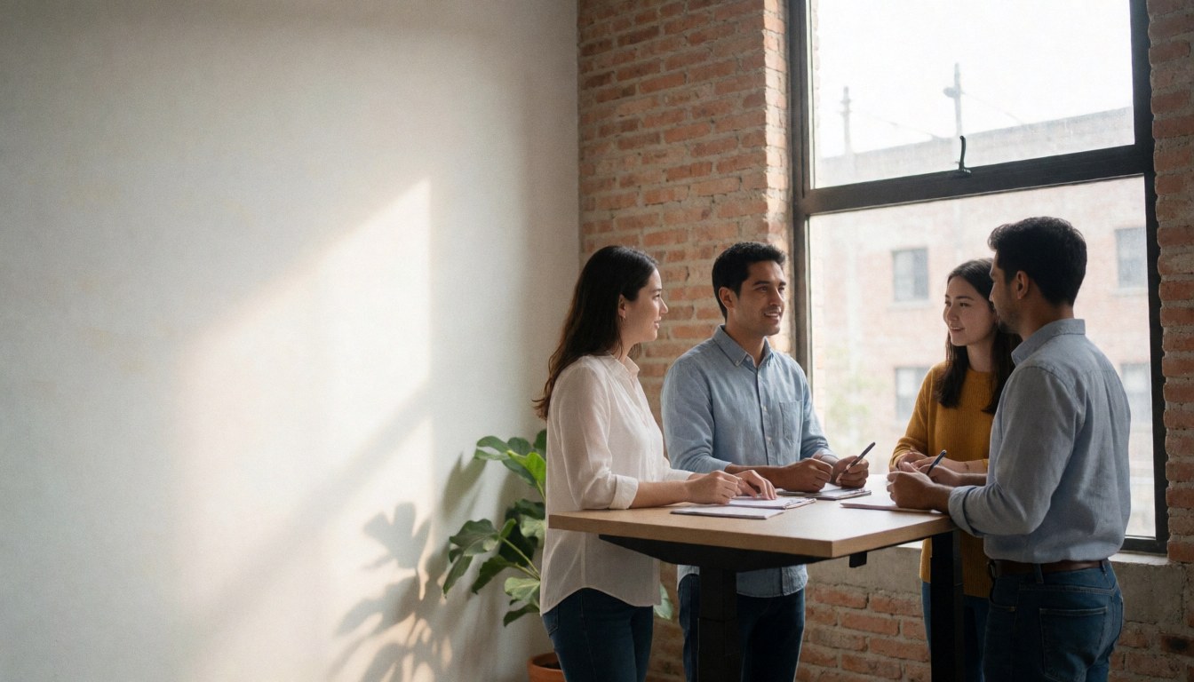 A bright modern office space with exposed brick walls, natural light, and professionals collaborating at shared desks with laptops and casual attire