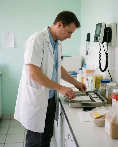 Medical professional organizing a sterile instrument tray in a clean clinic with green walls and a blood pressure monitor visible in the background