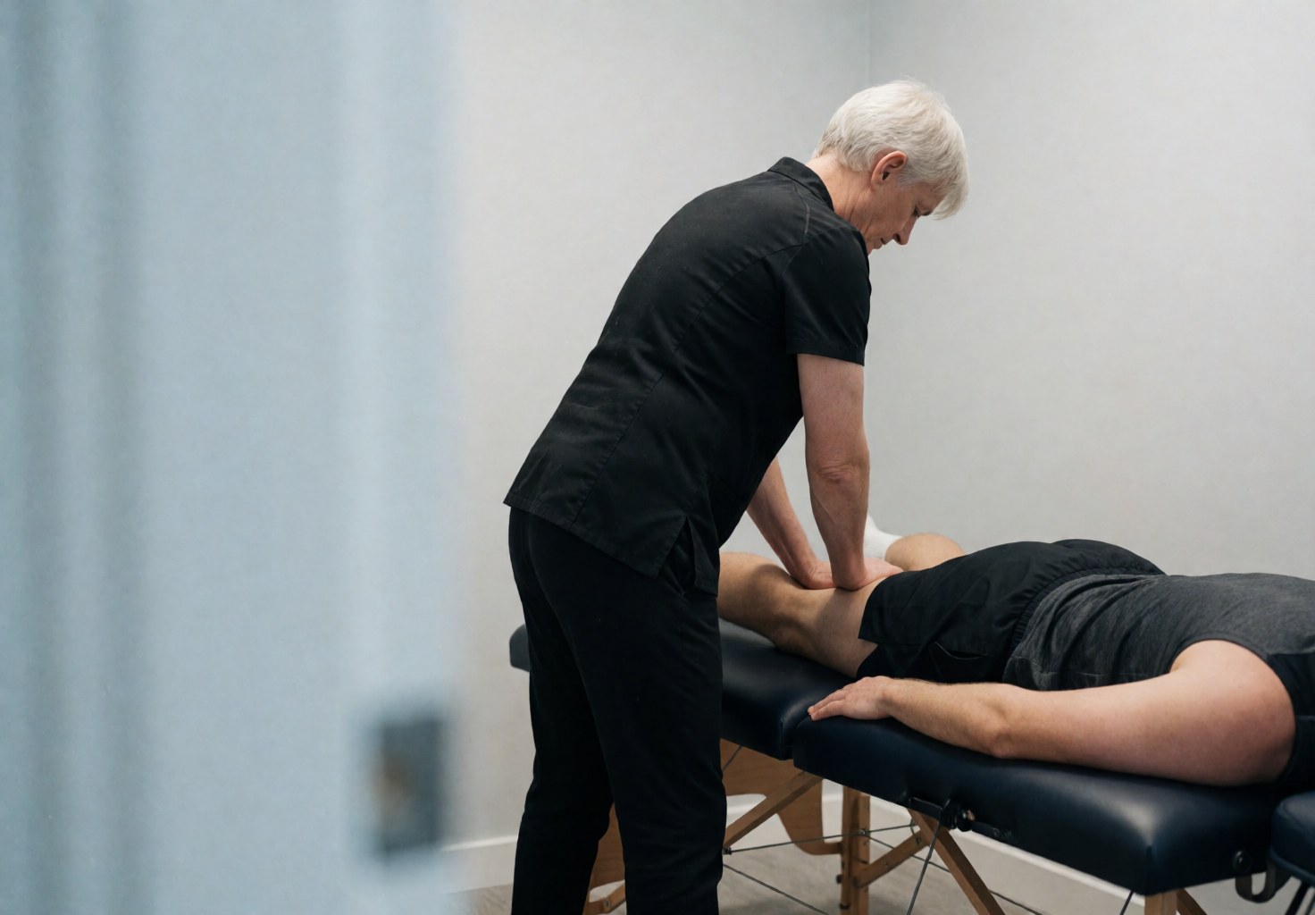 Professional therapist massaging a client's leg on a massage table in a clean, gray-walled room, suitable for sports recovery services.