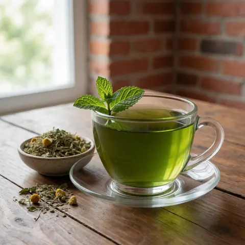 Cup of green tea with fresh mint, dried herbs in a container and scattered on a rustic wooden table with brick wall and natural light