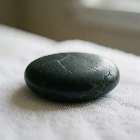 Clean basalt massage stone resting on a white towel, professional image for spa and wellness services