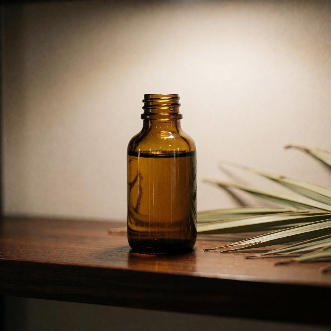 Close-up of an amber glass bottle filled with palm oil resting on a dark polished wooden shelf in a spa setting