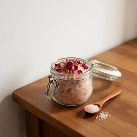 A glass jar filled with rose bath salts and petals sits on a wooden table with a wooden spoon, set against a white wall with natural light.