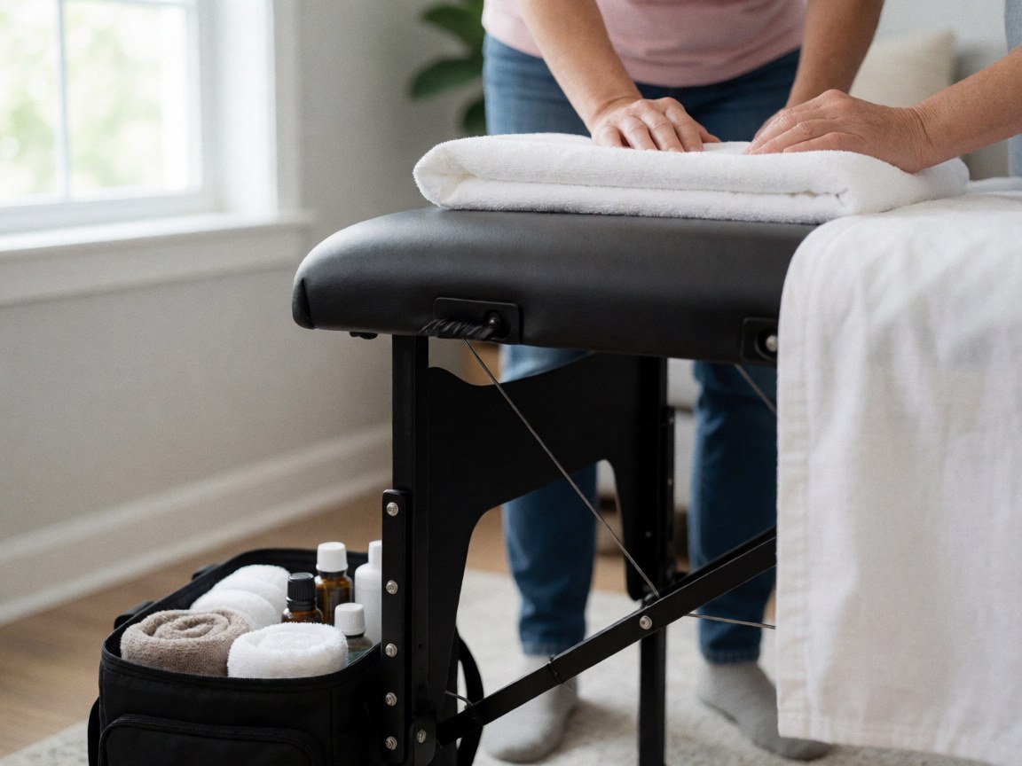 A portable massage setup featuring neatly folded towels, essential oil bottles, and therapeutic tools arranged on a table near a window with natural light.