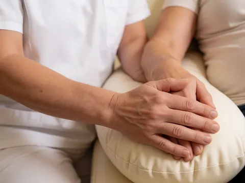 Close-up of therapist hands applying gentle pressure to a client's leg using a pregnancy support pillow, warm lighting, skin texture, and massage oil.