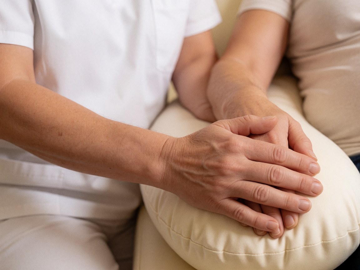 Close-up of therapist hands applying gentle pressure to a client's leg using a pregnancy support pillow, warm lighting, skin texture, and massage oil.