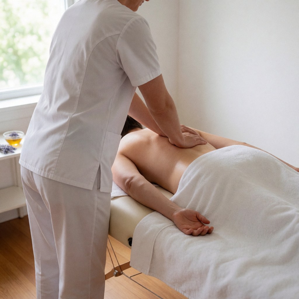 Therapist performing Swiss massage on client lying on table with towel in calm professional room with natural light