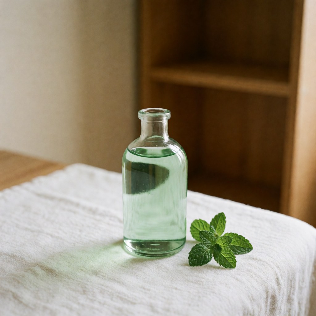 Glass bottle of light green massage oil with fresh mint sprig on white towel in warm relaxing setting